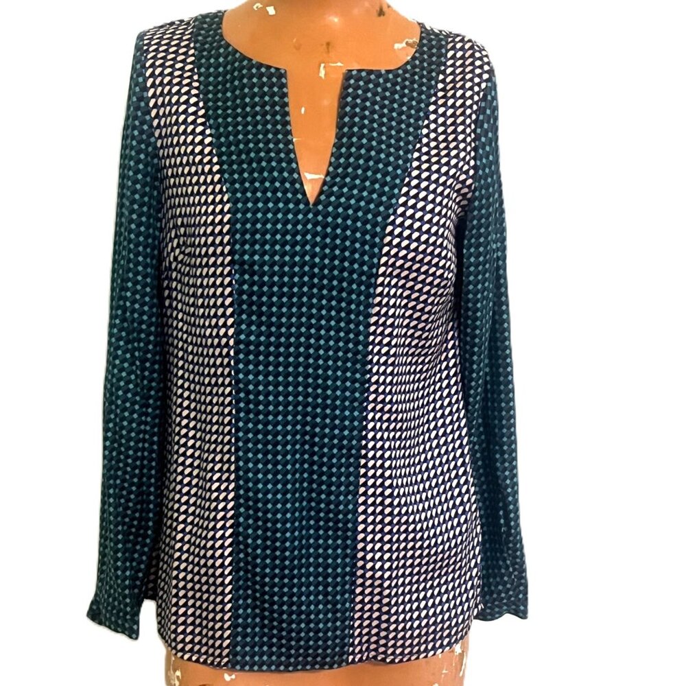 Boden Silk Blend Top Shirt Blouse Abstract Print Long Sleeve Blue Green